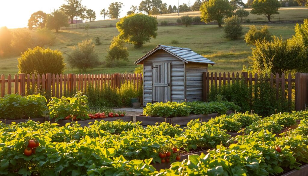 A lush, verdant garden surrounded by a picturesque wooden fence, bathed in the soft, warm glow of the afternoon sun. In the foreground, neatly arranged garden beds bursting with thriving vegetables - tomatoes, carrots, leafy greens, and more. A weathered, wooden garden shed stands in the middle ground, its rustic charm complementing the natural setting. In the background, a rolling hill dotted with mature trees provides a serene, natural backdrop. The overall atmosphere is one of tranquility, productivity, and a connection to the earth.