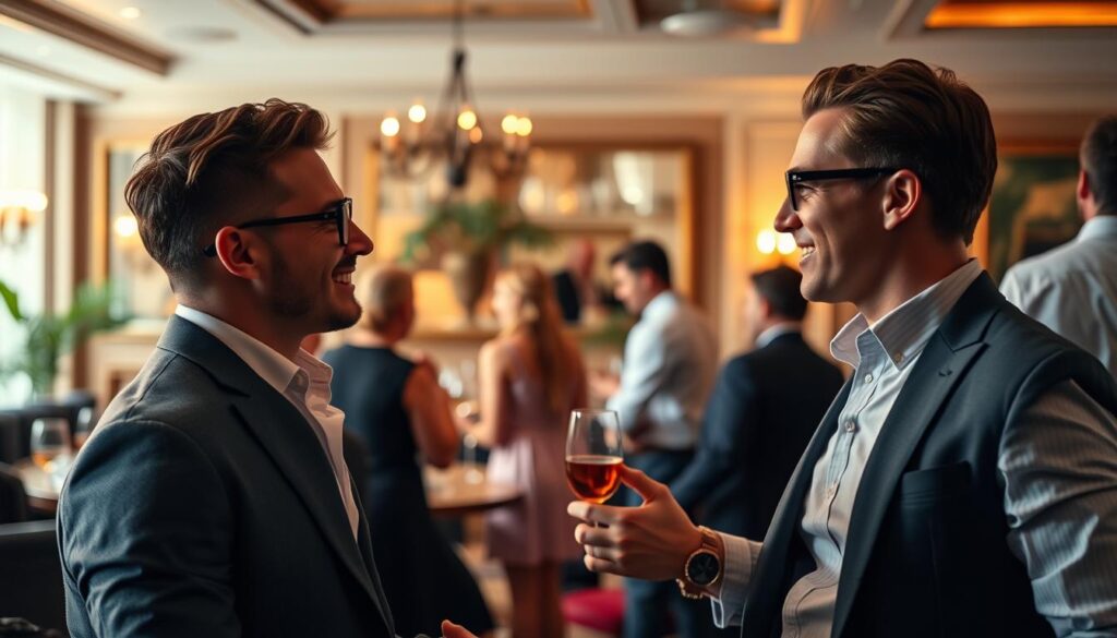 A meticulously crafted scene depicting the art of flirtatious communication. In the foreground, two stylishly dressed men engage in a lively dialogue, their body language conveying confidence and charisma. Soft, warm lighting casts a flattering glow, complementing their relaxed yet captivating expressions. In the middle ground, the setting evokes an upscale social gathering, with tasteful decor and subtle background activity suggesting an atmosphere of sophistication and connection. The overall mood is one of effortless charm and mutual attraction, exemplifying the essence of effective interpersonal skills.