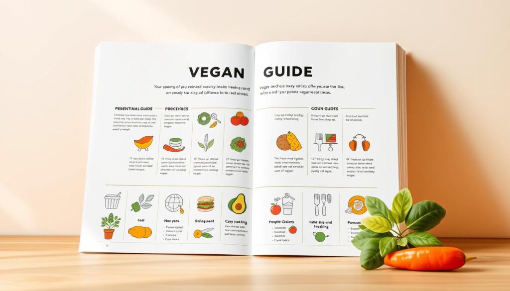 A meticulously crafted step-by-step vegan guide, rendered in a vibrant, modern illustration style. The foreground depicts a series of intuitive icons and pictograms illustrating essential vegan practices, such as plant-based meal preparation, ethical shopping, and lifestyle choices. The middle ground showcases a clean, minimalist layout with ample white space, allowing the key information to shine. The background features a subtle, nature-inspired pattern, evoking a sense of harmony and wellness. Warm, directional lighting casts a soft glow, emphasizing the guide's approachable and accessible tone. The overall composition conveys a sense of simplicity, clarity, and practicality, perfectly suited to introduce the reader to the fundamentals of transitioning to a vegan lifestyle.