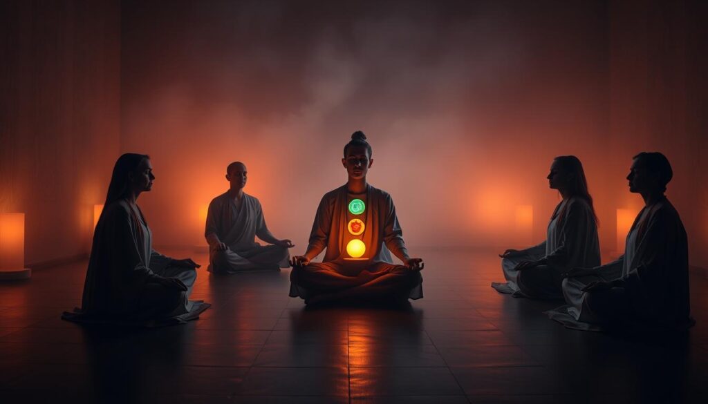 A serene, dimly lit meditation chamber with five figures seated in a circle, each one focused on a glowing chakra sphere before them. Soft, warm lighting emanates from the chakras, illuminating the room in a mystical glow. The figures are draped in flowing robes, their eyes closed in deep concentration as they chant their respective chakra mantras. The background is hazy, with a sense of timelessness and tranquility. The composition is balanced and symmetrical, creating a sense of harmony and unity. The overall atmosphere is one of deep spiritual practice and the pursuit of inner balance.