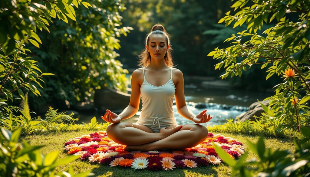 A serene meditation session in a tranquil garden. Soft natural lighting filters through lush, verdant foliage, casting a warm, calming glow. A person sits in a comfortable lotus position, eyes closed, hands resting gently on their lap. They are surrounded by a mandala of flowers, their vibrant petals radiating a sense of harmony and balance. In the background, a gentle stream flows, its soothing sounds creating a meditative ambiance. The overall atmosphere evokes a deep sense of inner peace and spiritual connection, perfectly capturing the essence of chakra meditation.