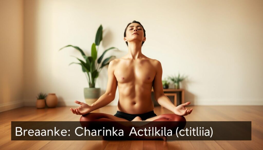 A serene scene of a person practicing deep breathing exercises, seated in a comfortable lotus position on a wooden floor. Soft, warm lighting illuminates the room, creating a peaceful atmosphere. The figure's eyes are closed, their expression calm and focused, as they inhale and exhale slowly, the movement of their chest and abdomen visible. In the background, a simple but elegant decor of potted plants and a minimalist altar, evoking a sense of balance and harmony. The image conveys a sense of tranquility and mindfulness, perfectly capturing the essence of "Breathwork for Chakra Activation".