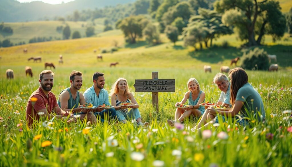 A serene, sun-dappled meadow, lush with verdant grasses and colorful wildflowers. In the foreground, a group of diverse individuals - men, women, and children - sit in a circle, their faces radiant with a sense of connection and purpose. They hold plates brimming with vibrant plant-based dishes, symbols of their ethical, compassionate vegan lifestyle. In the middle ground, a wooden sign points the way to a nearby animal sanctuary, where rescued creatures graze peacefully. The background is framed by a rolling hills, their slopes dotted with thriving trees and the promise of a sustainable, eco-friendly future. Soft, warm lighting casts a gentle glow, conveying a feeling of harmony, community, and a deep respect for all living beings.