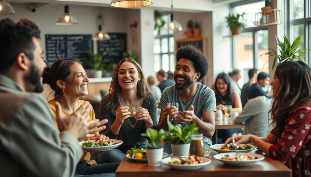A social gathering of a diverse group of vegans, enjoying a lively conversation and sharing a delicious plant-based meal together. The scene is set in a cozy, well-lit cafe with a warm, inviting atmosphere. The foreground features a group of friends laughing and gesturing animatedly, their faces expressing a sense of connection and belonging. In the middle ground, additional patrons are seated at tables, engaged in their own discussions. The background offers a glimpse of the cafe's decor, with modern furnishings, potted plants, and a chalkboard menu. The overall mood is one of camaraderie, acceptance, and a shared passion for a cruelty-free lifestyle.