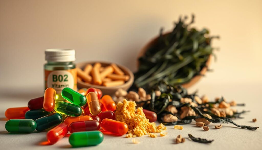 A still life composition capturing the essence of vegan Vitamin B12 supplements. In the foreground, an assortment of colorful vegan capsules, softly lit from the side to accentuate their translucent quality. In the middle ground, a scatter of whole, organic foods rich in B12 such as nutritional yeast, tempeh, and seaweed. The background is a minimalist, studio-style setting with neutral tones, allowing the supplements and natural ingredients to take center stage. The lighting is warm and diffused, creating a sense of natural, healthy vibrancy. The overall mood is one of wellness, balance, and the effortless integration of essential nutrients into a vegan lifestyle.