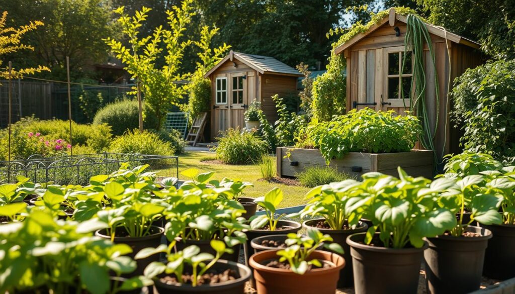 A vibrant, sun-dappled garden scene with lush greenery and a variety of beginner-friendly plants. In the foreground, neatly arranged vegetable seedlings and herb pots await planting, their fresh leaves gently swaying in a light breeze. The middle ground features a small, well-tended raised bed overflowing with thriving leafy greens and trailing vines. In the background, a charming wooden garden shed nestled among verdant trees and shrubs, its weathered facade bathed in warm, golden light. Subtle, earthy tones and a sense of calm productivity permeate the scene, inviting the viewer to imagine the joys and rewards of home gardening for the novice.