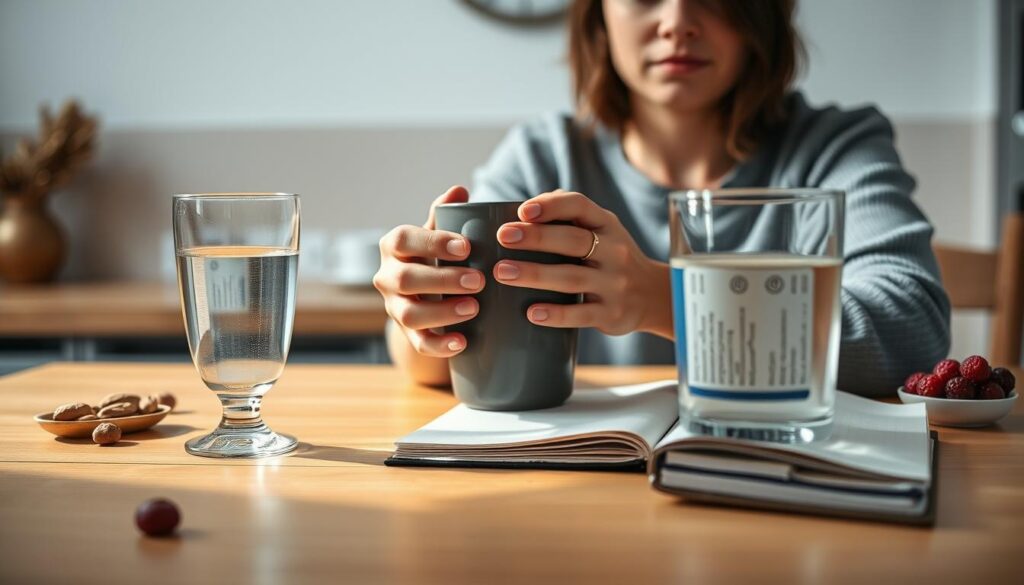 A warm, well-lit kitchen table with a glass of water, a journal, and a few healthy snacks like nuts and berries. In the background, a clean, minimalist wall with a simple clock. A person's hands are gently clasping a mug, their face reflected in the surface, serene and focused. Soft, natural lighting casts a calm, inviting atmosphere, conveying the tranquility and mindfulness of starting intermittent fasting safely.