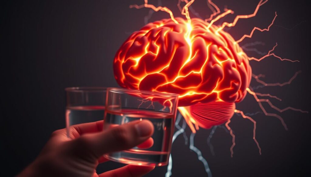 A well-lit, close-up shot of a human brain, glowing with a warm, vibrant energy. The brain is surrounded by a halo of neural pathways, crackling with electricity. In the foreground, a hand holds a glass of water, representing the hydration essential for fasting. The background is a serene, minimalist setting, emphasizing the mind's focus on the health benefits of intermittent fasting. Soft, directional lighting highlights the brain's intricate details, conveying a sense of clarity and rejuvenation. The overall atmosphere is one of heightened cognitive function and brain optimization.