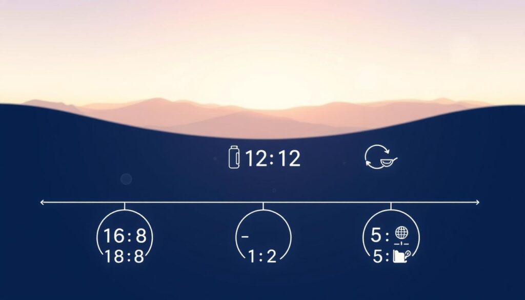 A wide variety of intermittent fasting methods displayed in a stylized, minimalist illustration. In the foreground, a clean-lined visual contrast of different fasting timelines - 16:8, 12:12, and 5:2. In the middle ground, iconographic representations of the fasting and eating cycles. In the background, a soft, gradient-filled sky with subtle lighting, creating a sense of balance and simplicity. The overall mood is one of informative clarity, highlighting the core intermittent fasting approaches in a visually engaging manner.