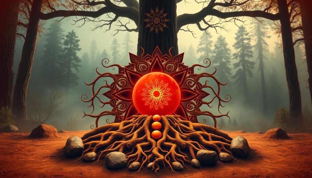 An ancient, earthy illustration of the Root Chakra (Muladhara), the foundation of the chakra system. In the foreground, a glowing red sphere pulsates with primal energy, rooted in the earth below. Surrounding it, a mandala of interwoven roots and stones in shades of ochre, sienna, and umber, symbolizing stability, grounding, and connection to the physical world. In the background, a misty forest backdrop with towering trees and a glimpse of the night sky, evoking a sense of primordial wilderness. The scene is bathed in a warm, amber-hued light, creating an atmosphere of solidity, security, and timeless wisdom.